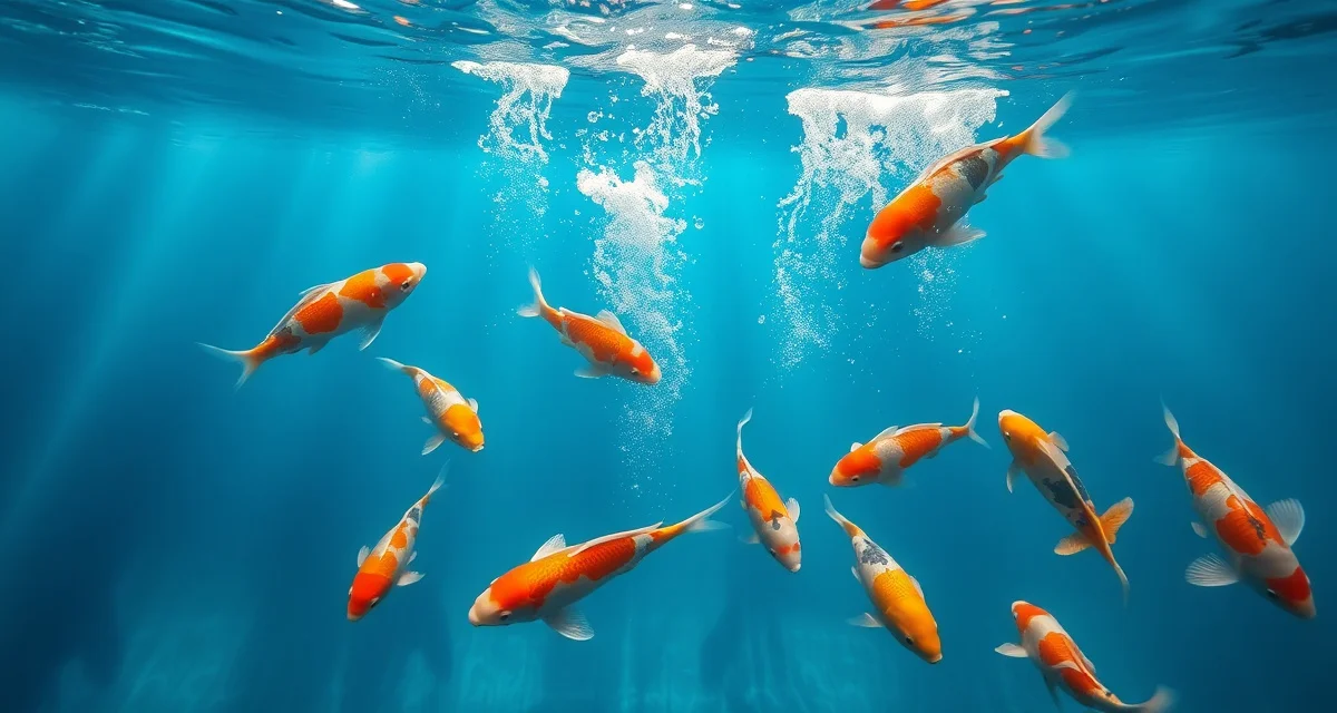 Proper koi pond aeration maintaining water quality Koi pond aeration system with bubbles and fish swimming in oxygenated water to maintain healthy dissolved oxygen levels