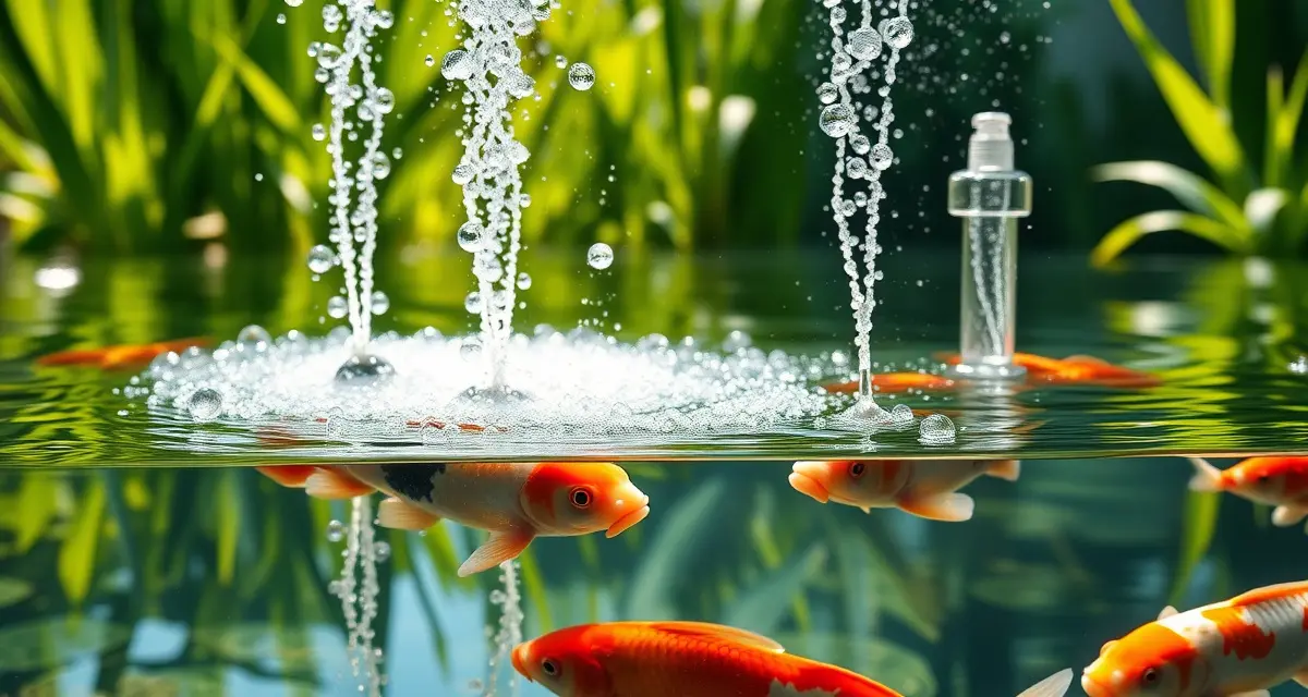 Professional koi pond aeration setup with diffusers Koi pond aeration system with air diffusers creating oxygen bubbles in clear water with healthy fish swimming