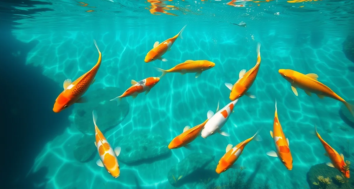 Healthy koi pond with controlled algae Clear koi pond water demonstrating proper algae management and optimal water quality for fish health