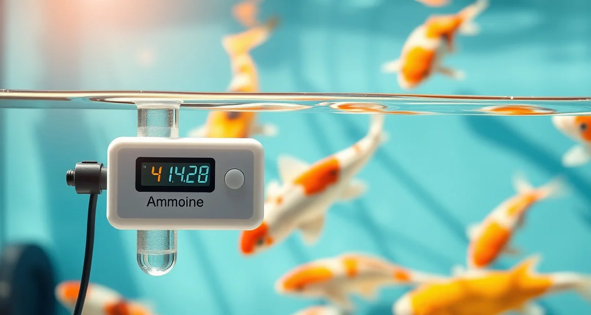 Ammonia spike emergency testing equipment Koi pond ammonia testing kit showing elevated ammonia levels with digital meter display and water sample analysis