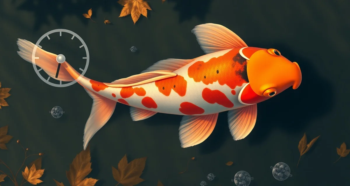 Fall water temperature triggers koi bacterial infections Koi pond in autumn showing temperature-dependent bacterial disease risk during 10-15 degree Celsius water conditions affecting fish health