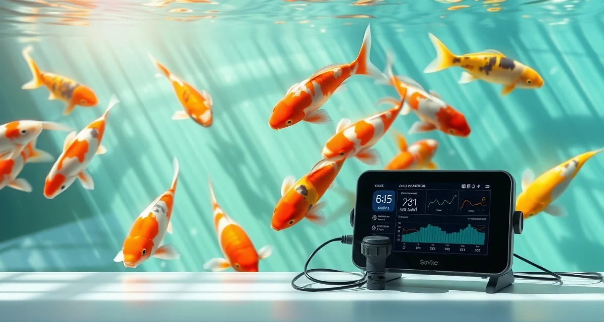 Essential koi pond care practices for beginners Healthy koi fish swimming in a well-maintained pond with proper water quality testing equipment, illustrating correct beginner practices.