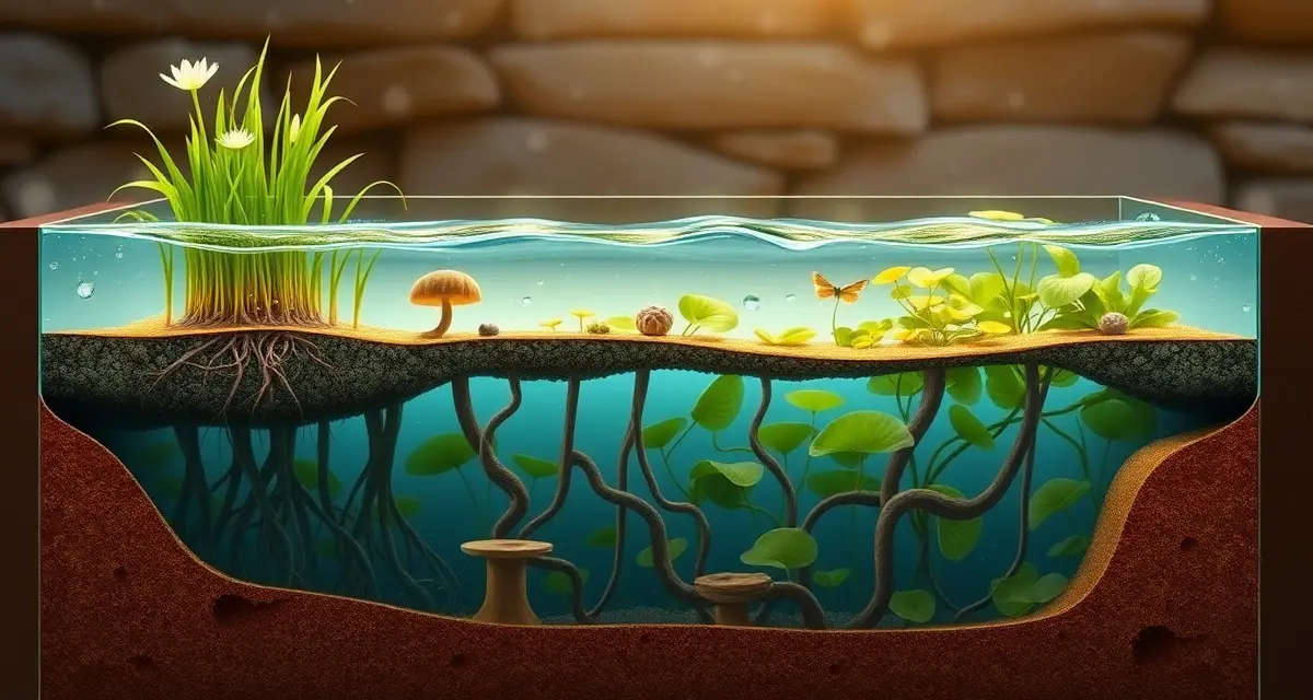 Bog filter natural water filtration system for koi ponds Cross-section diagram of a koi pond bog filter showing layered substrate, aquatic plants, and water filtration process for natural nitrate reduction.