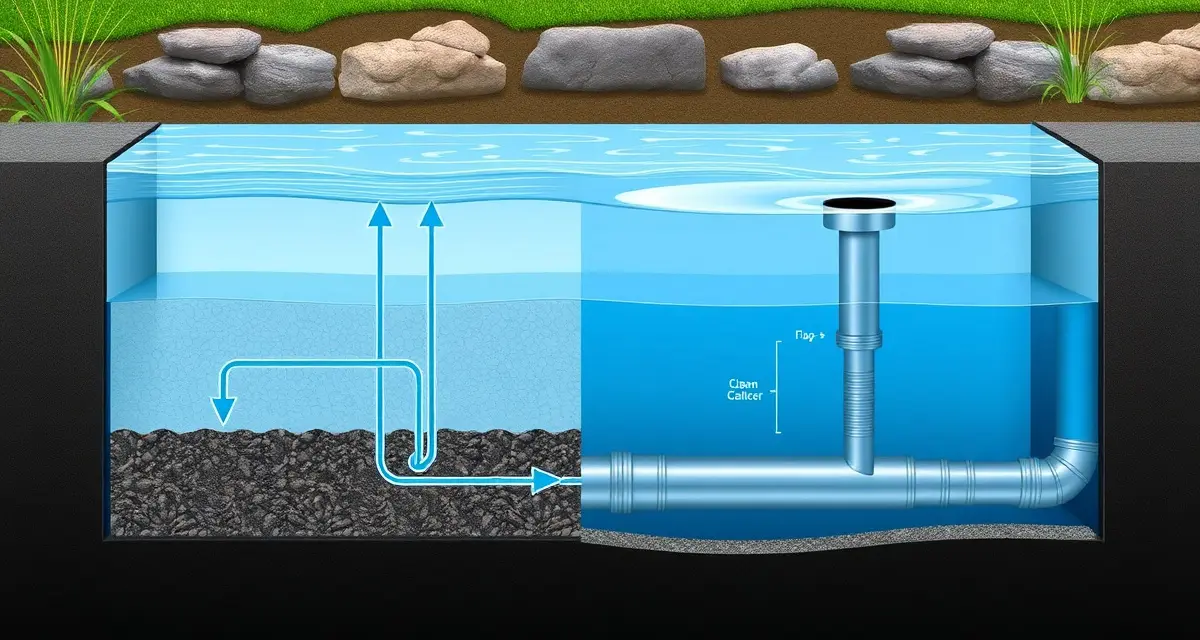 Bottom drain system setup for koi ponds Cross-section diagram showing koi pond bottom drain installation with sediment collection and water circulation system for optimal pond filtration