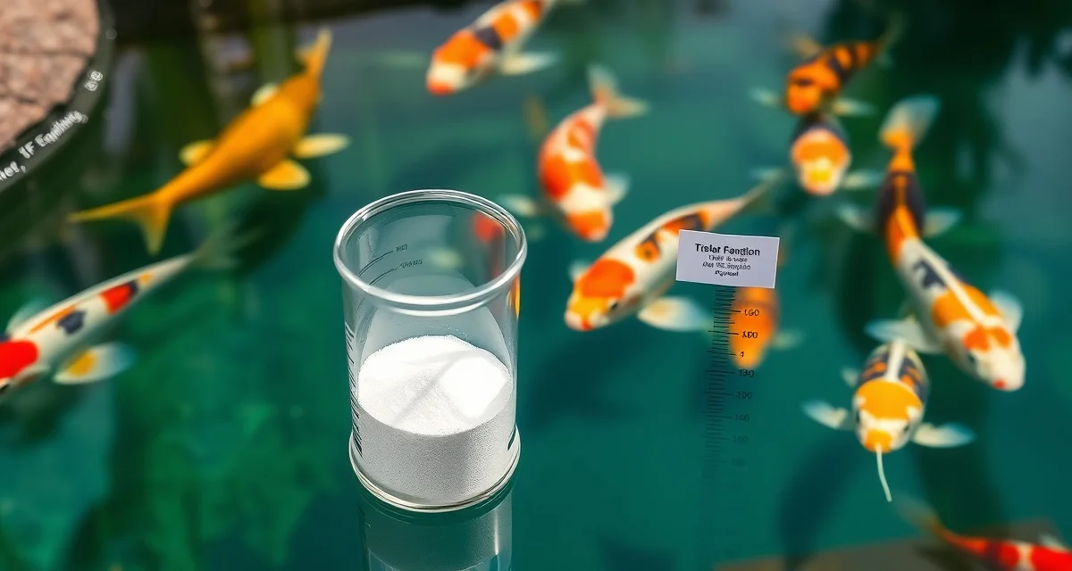 Koi pond chemical emergency response and treatment protocol Emergency chemical overdose treatment setup for koi ponds showing sodium thiosulfate neutralizer and measurement tools for immediate fish health response