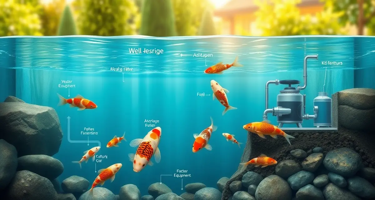 Professional koi pond construction diagram with filtration Cross-section diagram of properly constructed koi pond with filtration system, aeration equipment, and water circulation designed for optimal fish health.
