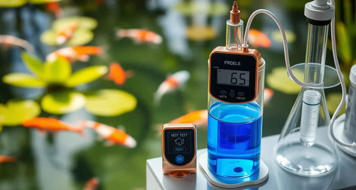 Professional copper water quality testing for koi ponds Copper toxicity testing kit measuring water quality levels in koi pond with digital meter and water sample