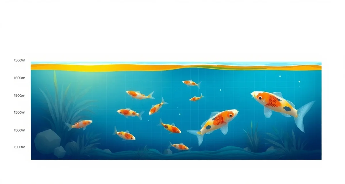 Koi pond depth layers and temperature stratification illustration Cross-section diagram of optimal koi pond depth showing temperature layers and minimum depth requirements for fish health and oxygen management.