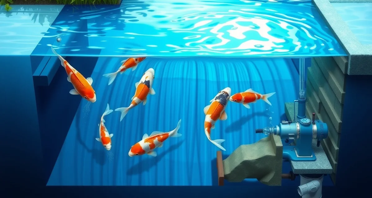 Professional koi pond design blueprint Cross-section diagram of properly designed koi pond showing depth, bottom drain, filtration system, and water circulation for optimal fish health