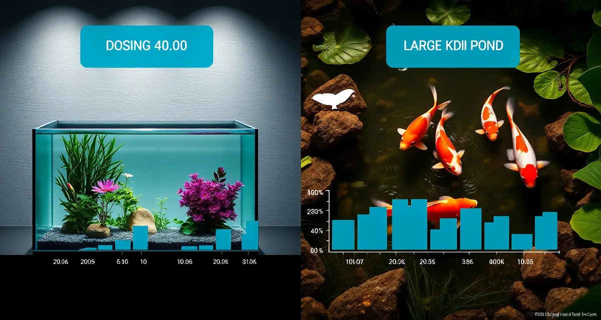 Scale-appropriate water treatment dosing for koi ponds versus generic aquarium apps Comparison diagram showing dosing calculation differences between small aquariums and large koi ponds for water quality management.