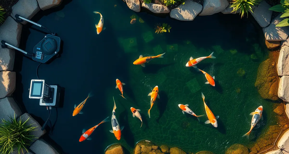 Professional koi pond expansion with modern filtration Koi pond expansion project showing upgraded filtration system and water quality monitoring equipment for healthy fish management.