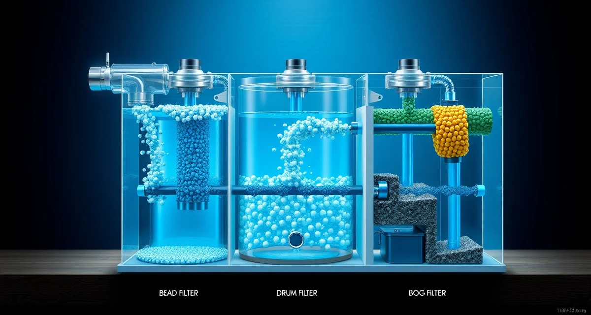 How Different Koi Filtration Systems Work Comparison diagram of three koi pond filtration systems: pressurized bead filter, rotary drum filter, and gravity bog filter showing water flow and filtration stages