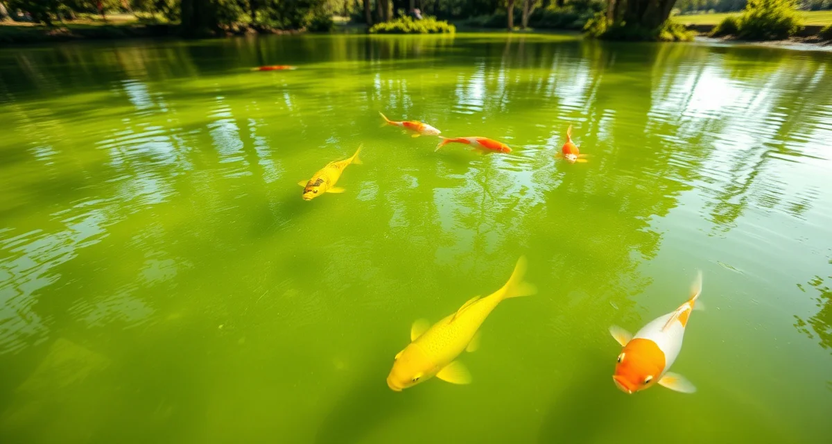 Green water algae bloom comparison in koi pond Green water algae bloom in koi pond showing pea soup appearance caused by excessive algae growth affecting water clarity