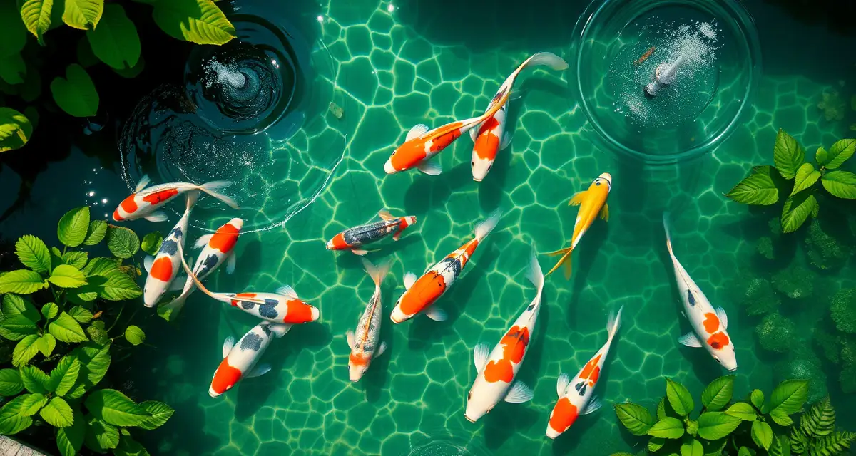 Temperature control and dissolved oxygen in hot weather koi ponds Koi pond with aeration fountain and healthy fish in hot climate summer heat management setup
