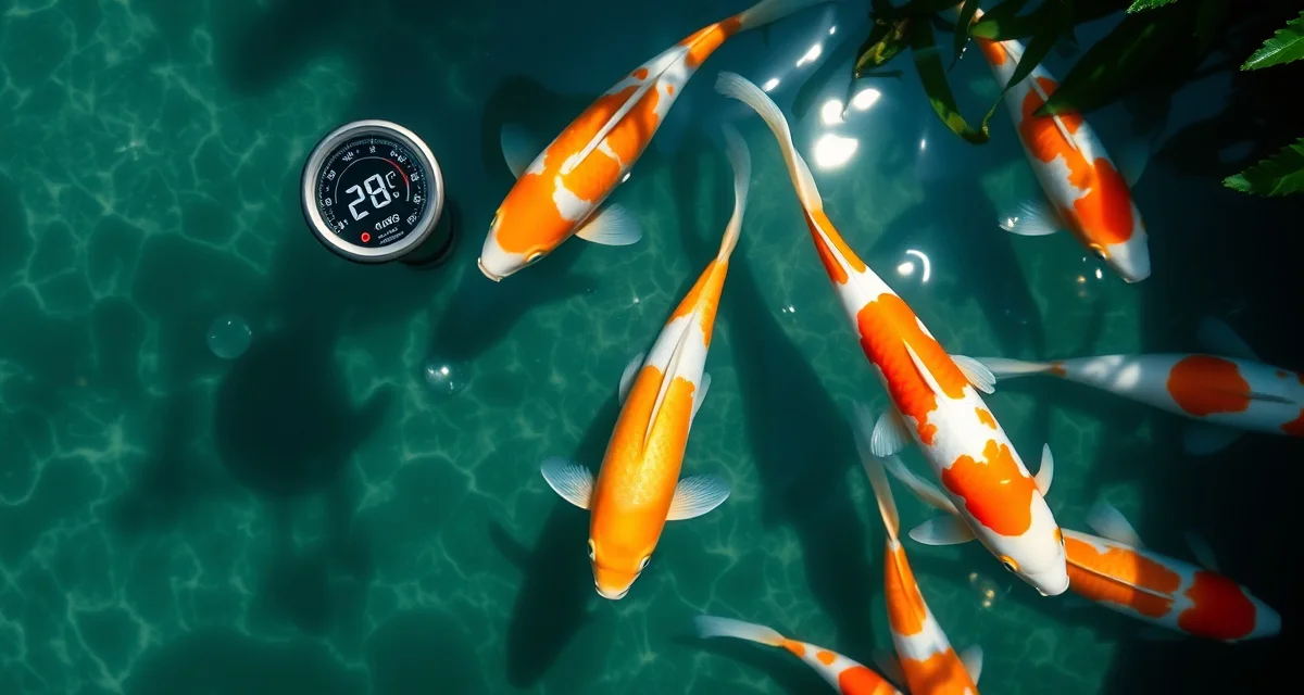 Summer heat stress prevention in koi ponds Koi pond water quality monitoring showing temperature and dissolved oxygen levels during summer heat stress management