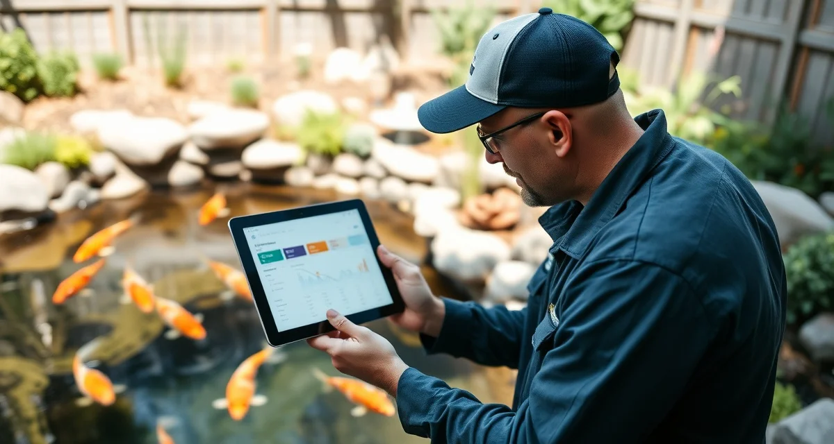 Client pond portfolio management for koi water garden professionals Water garden professional using digital management system to monitor multiple client koi pond water quality metrics and fish health data