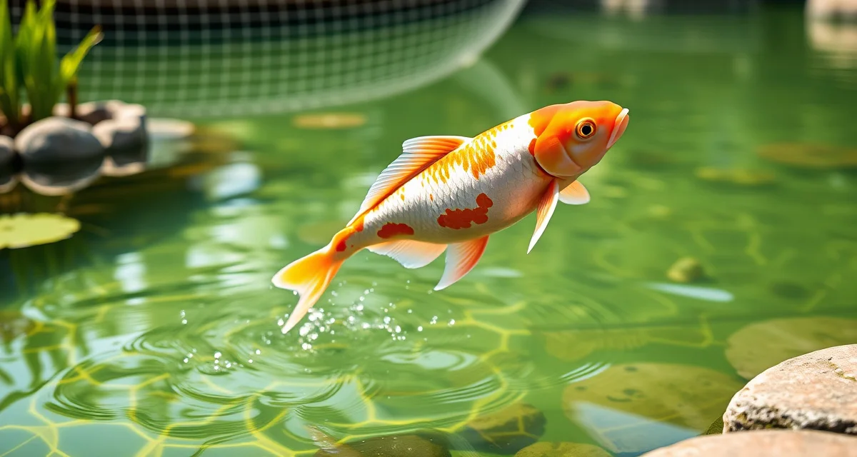 Essential koi pond jump prevention with edge protection Koi pond with protective netting installed to prevent koi from jumping out and causing fish loss