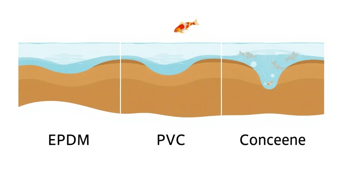 EPDM vs PVC vs Concrete pond liners for koi ponds Comparison of koi pond liner types including EPDM rubber, PVC, and concrete pond construction methods