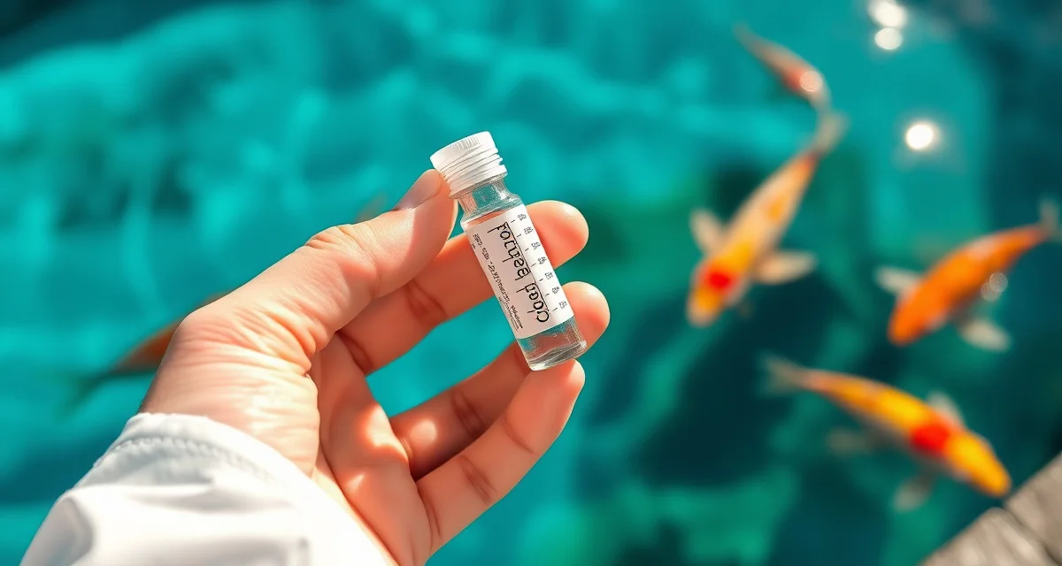 Professional koi pond water testing with liquid reagent kit Liquid reagent test kit for koi pond water quality testing showing superior accuracy compared to test strips