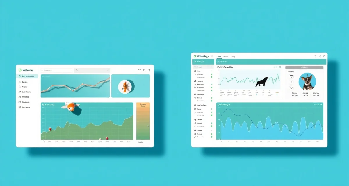 KoiQuanta vs AquaticVet software comparison Side-by-side comparison of koi pond management software interfaces showing analytics dashboards and feature differences