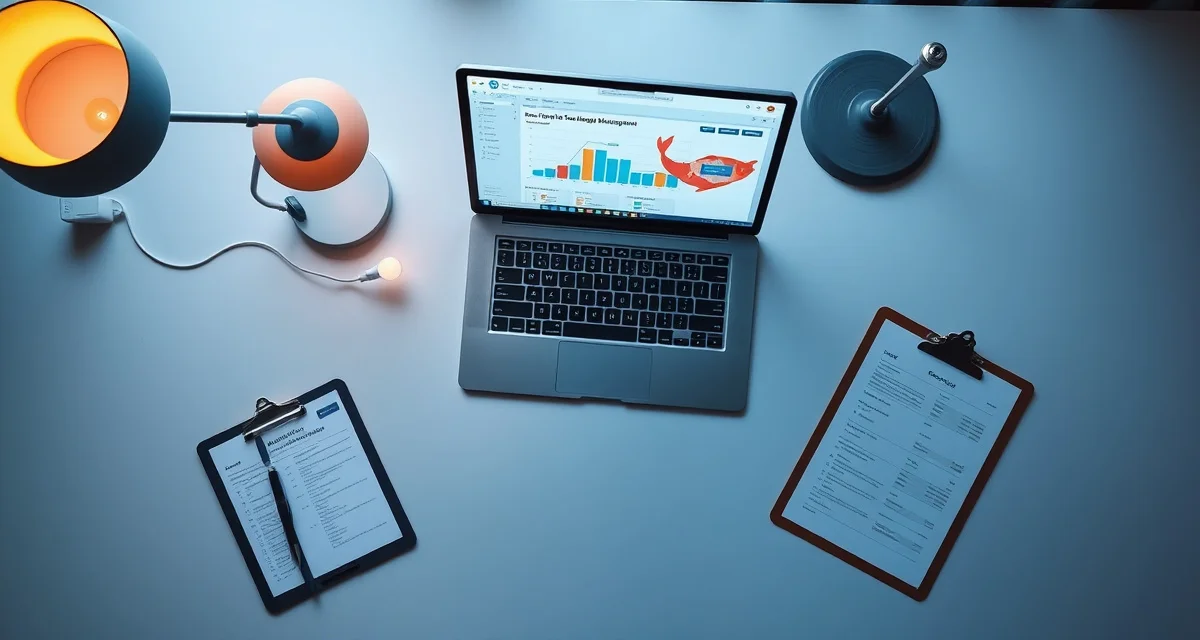 Software automation replacing manual koi pond data entry Koi pond management software dashboard on laptop compared to scattered spreadsheet documents, showing compliance tracking automation.