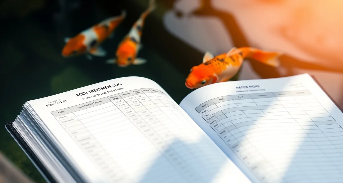 Digital medication tracking system for koi pond treatments Organized koi pond medication log template showing treatment records and water quality documentation for fish health management