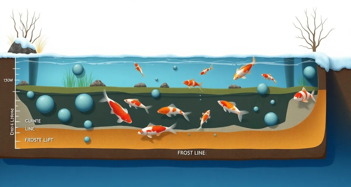 Koi pond depth requirements by climate zone guide Cross-section diagram showing minimum koi pond depth requirements by USDA climate zone, with frost line and winter dormancy zones illustrated.