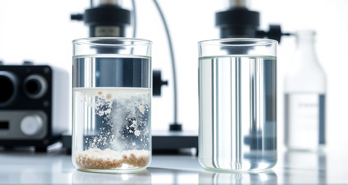 Water clarity testing for koi pond turbidity treatment Comparison of muddy koi pond water with clay turbidity versus clear treated water in laboratory test beakers