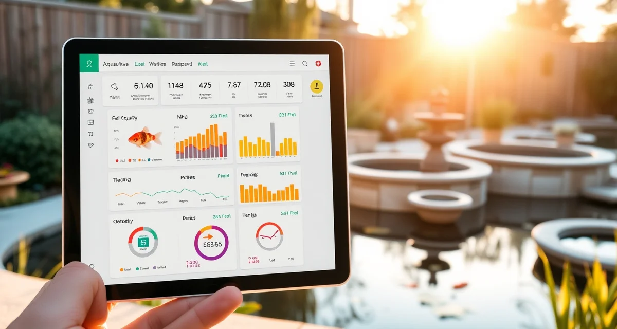 KoiQuanta multi-pond management interface Digital dashboard for managing multiple koi ponds with consolidated water quality analytics and fish health monitoring across three separate pond systems.