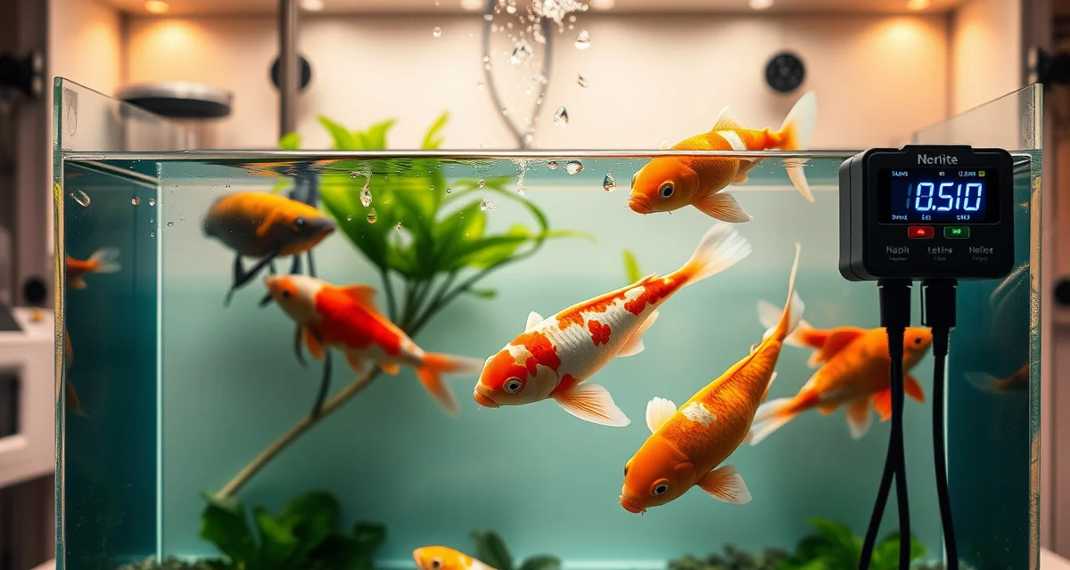 Water quality testing for koi pond nitrogen cycle management Koi pond nitrite and nitrate monitoring equipment with digital water quality meters and healthy koi fish illustration.