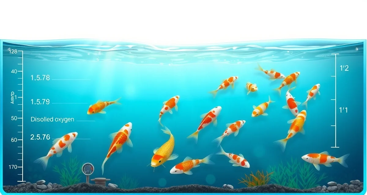 Koi pond overstocking effects on water chemistry Cross-section illustration of koi pond overstocking showing dissolved oxygen levels and fish density indicators for water quality management.