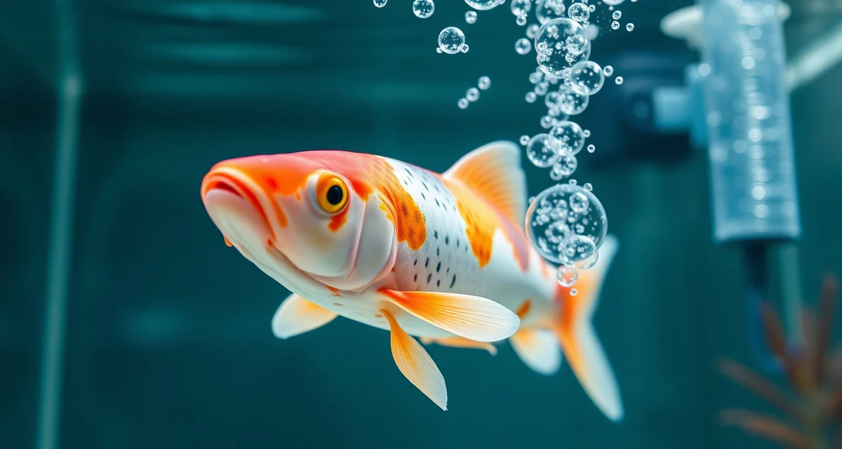 Emergency oxygen delivery for koi pond health management Koi fish receiving oxygen supplementation through diffusion system in pond water during emergency treatment