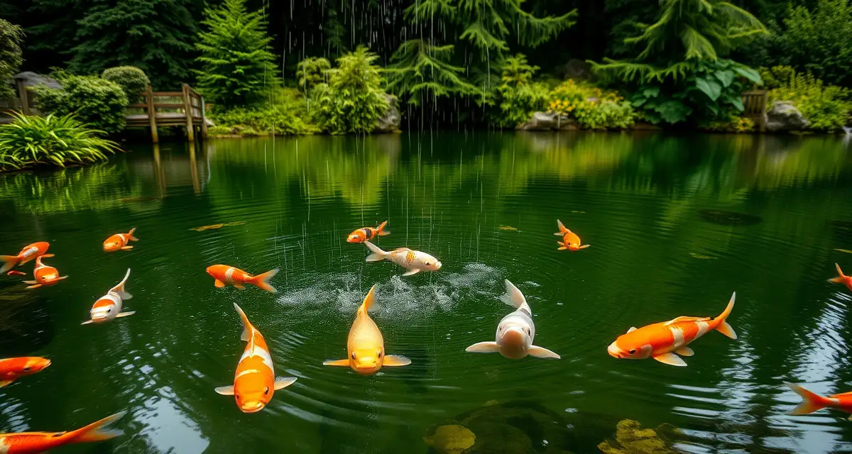Managing koi ponds during Pacific Northwest rainy seasons Koi pond in Pacific Northwest during rainfall with fish visible underwater, surrounded by green vegetation and evergreen forest.