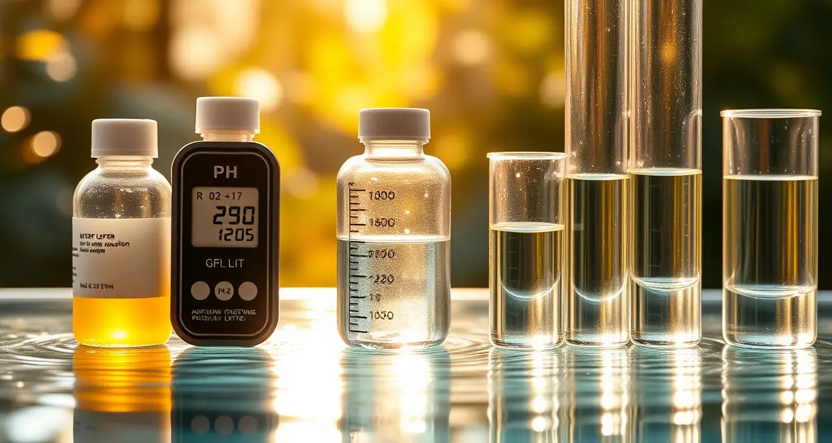 pH buffering solutions for koi pond water quality Koi pond pH buffer testing kit with digital meter and solution bottles for stable water chemistry management.