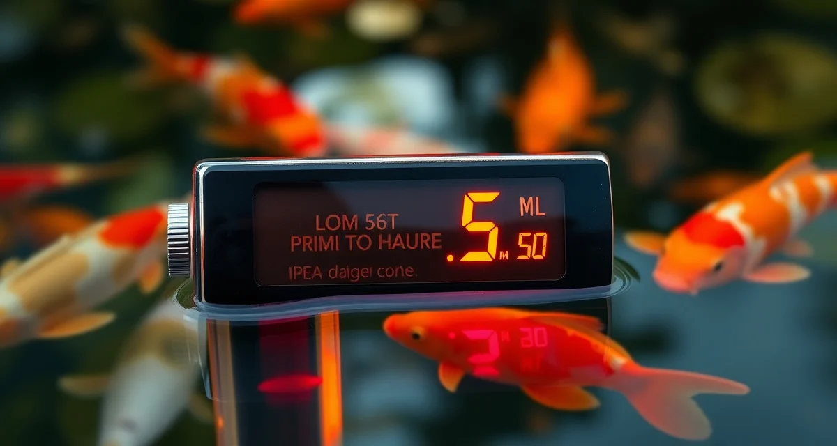 Emergency pH crash detection in koi ponds pH meter showing critical 6.5 reading in koi pond water during emergency pH crash situation requiring immediate treatment