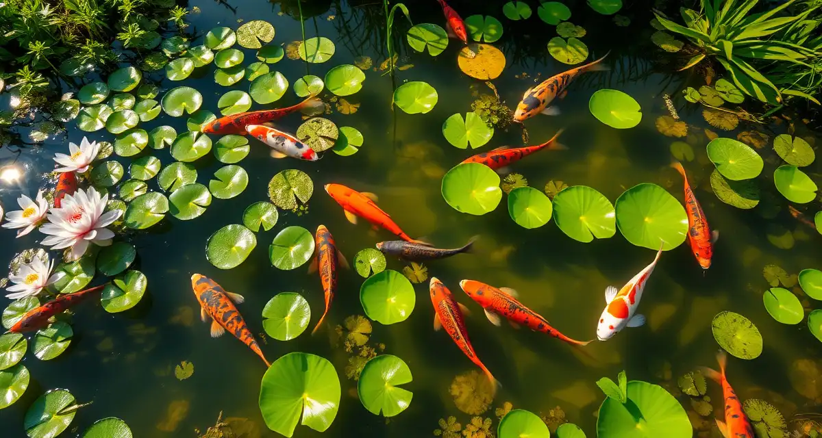 Thriving koi pond ecosystem with beneficial plants Healthy koi pond with compatible aquatic plants removing nitrates and supporting fish health naturally
