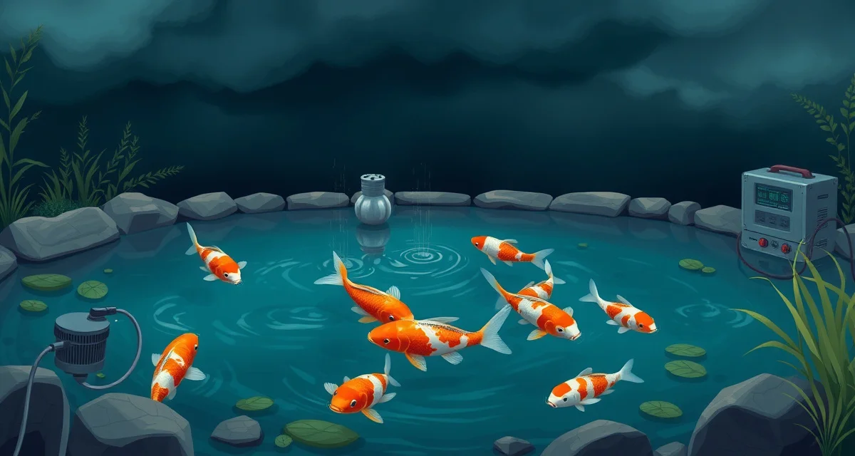 Emergency koi pond aeration during electrical failure Koi pond emergency response setup with battery-powered aerator protecting fish during power outage