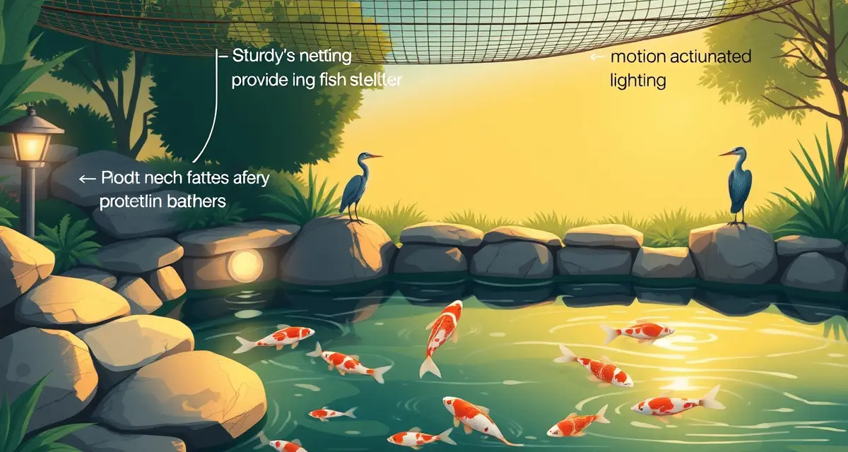Multi-layered koi pond predator protection system Koi pond with protective netting, shelter rocks, and barriers preventing heron and raccoon predation attacks
