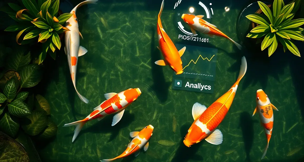 Recovered koi pond with healthy fish and clear water Clear healthy koi pond with vibrant fish after successful bacterial outbreak recovery using structured water quality analytics