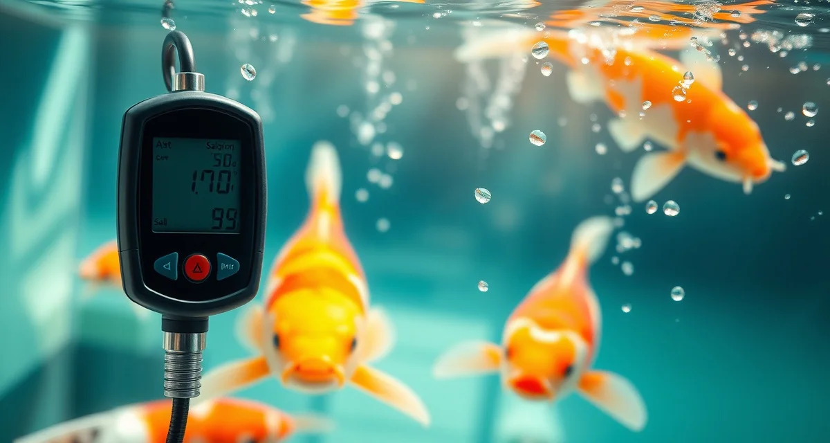 Salt level tracking for koi pond water quality Koi pond salt concentration monitoring with digital salinity meter measuring water quality levels for long-term salt maintenance