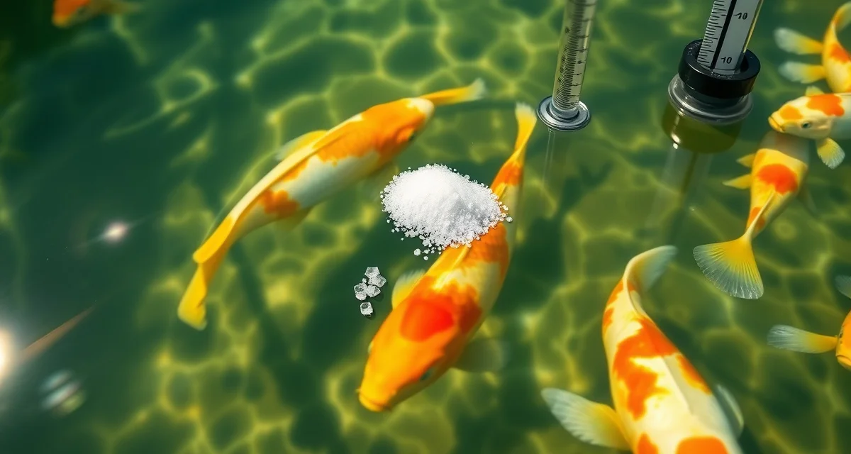 Salt treatment measurement for koi pond water quality Koi pond salt treatment dosing measurement showing therapeutic salt concentration calculation for parasite treatment