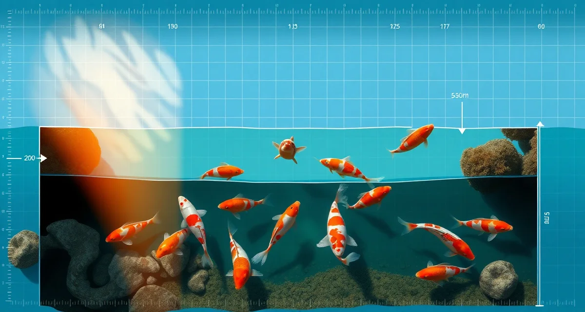 Optimal koi pond dimensions and volume planning Cross-section diagram of properly sized koi pond showing minimum 1000 gallon capacity with depth measurements and water quality indicators