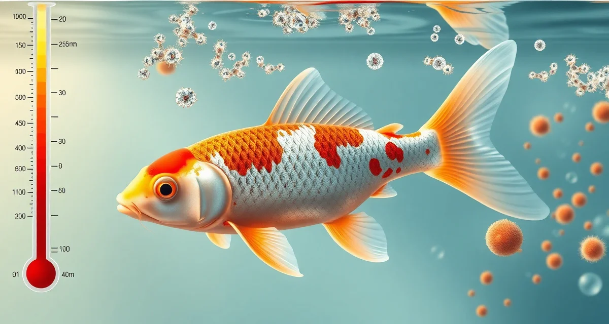 Spring disease risk factors in koi ponds Koi fish displaying early spring disease symptoms with water temperature and bacterial activity indicators for pond health monitoring.