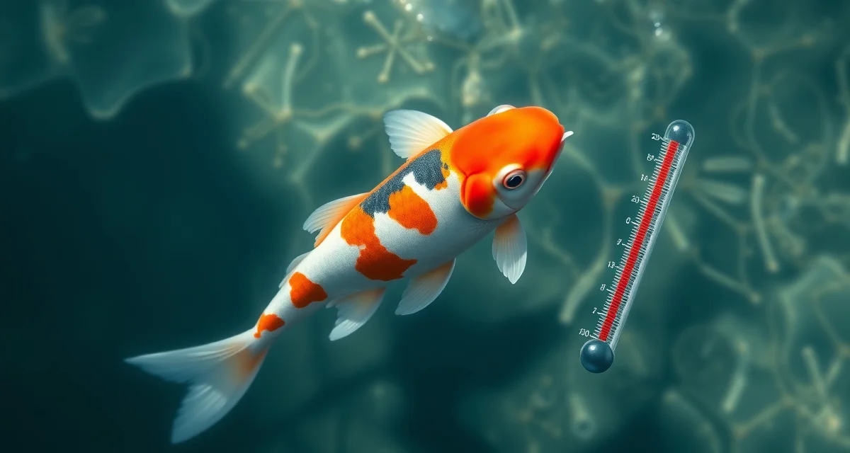 Spring koi pond water temperature and fish immune recovery Koi pond spring startup showing fish emerging from winter dormancy with immune function recovery as water temperature rises above 10 degrees Celsius.