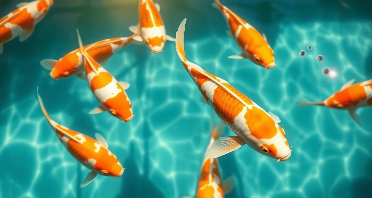 Summer koi disease risk prevention through water quality management Koi pond water quality monitoring during summer months showing healthy fish and clear water conditions for disease prevention.