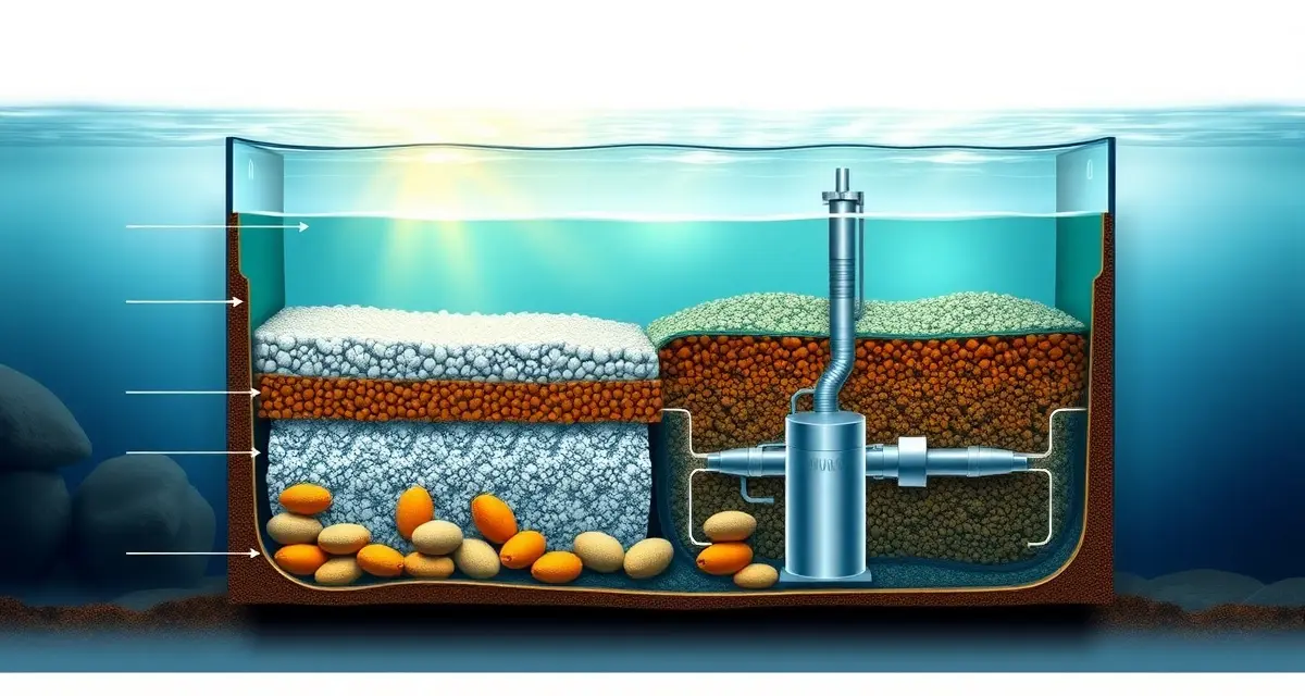Koi sump system with biological media filtration External koi pond sump design showing biological filter media layers and water flow for enhanced filtration capacity and fish health.