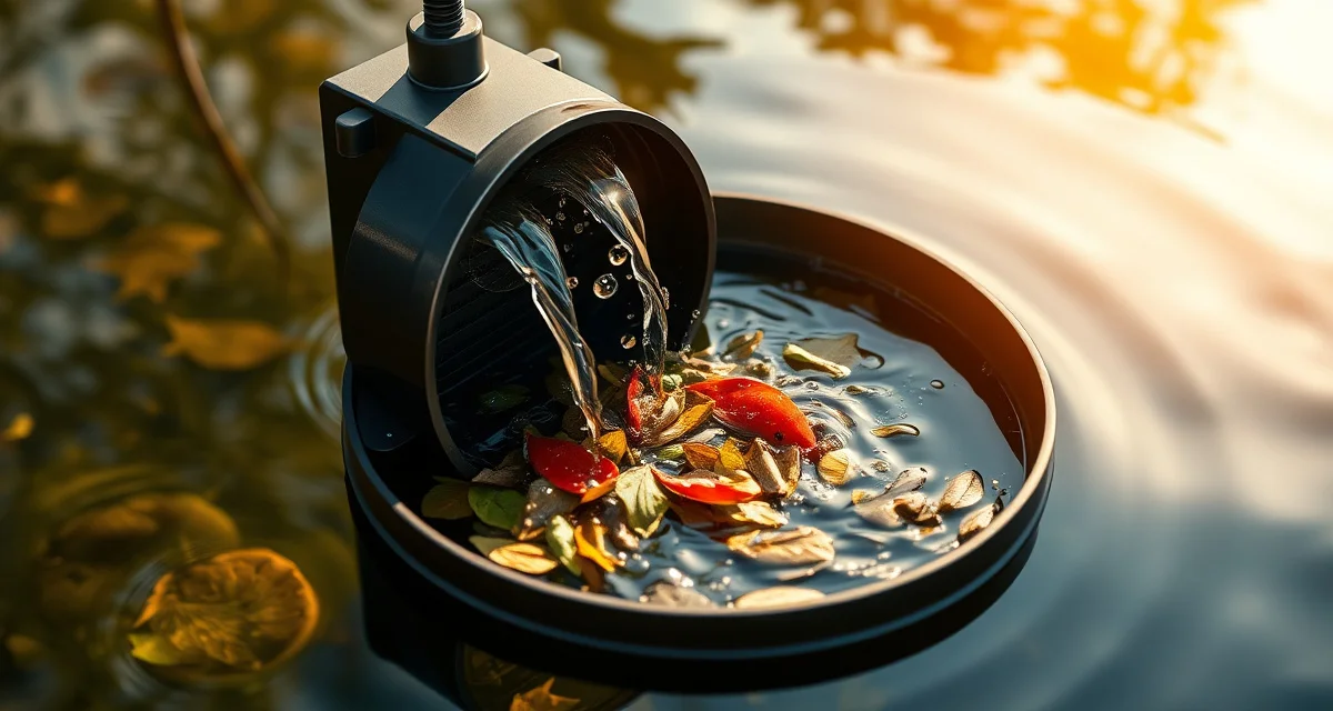 Effective pond skimming technology for water quality maintenance Modern koi pond skimmer removing organic debris from water surface to reduce algae and bacterial growth in pond ecosystem.