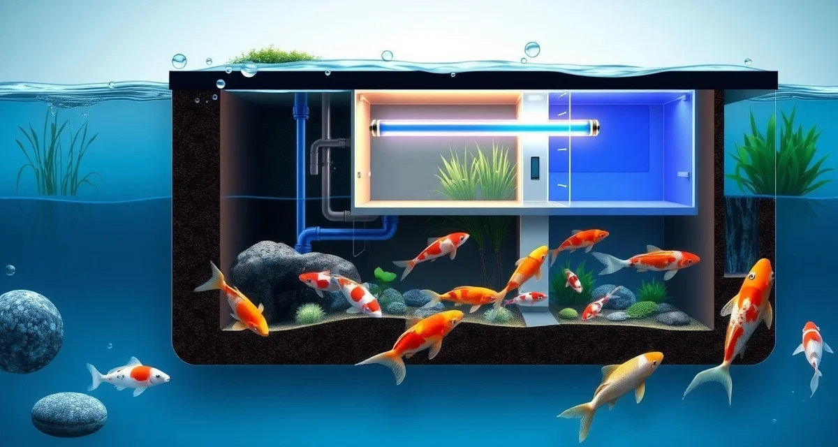 UV sterilizer installation for koi pond water quality Koi pond UV sterilizer system diagram showing water filtration and UV light chamber for green water algae control and fish health optimization.