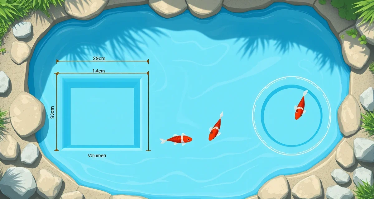 Pond volume calculation diagram Visual guide showing how to calculate koi pond volume using formulas for rectangular, circular, and oval pond shapes with measurement dimensions.