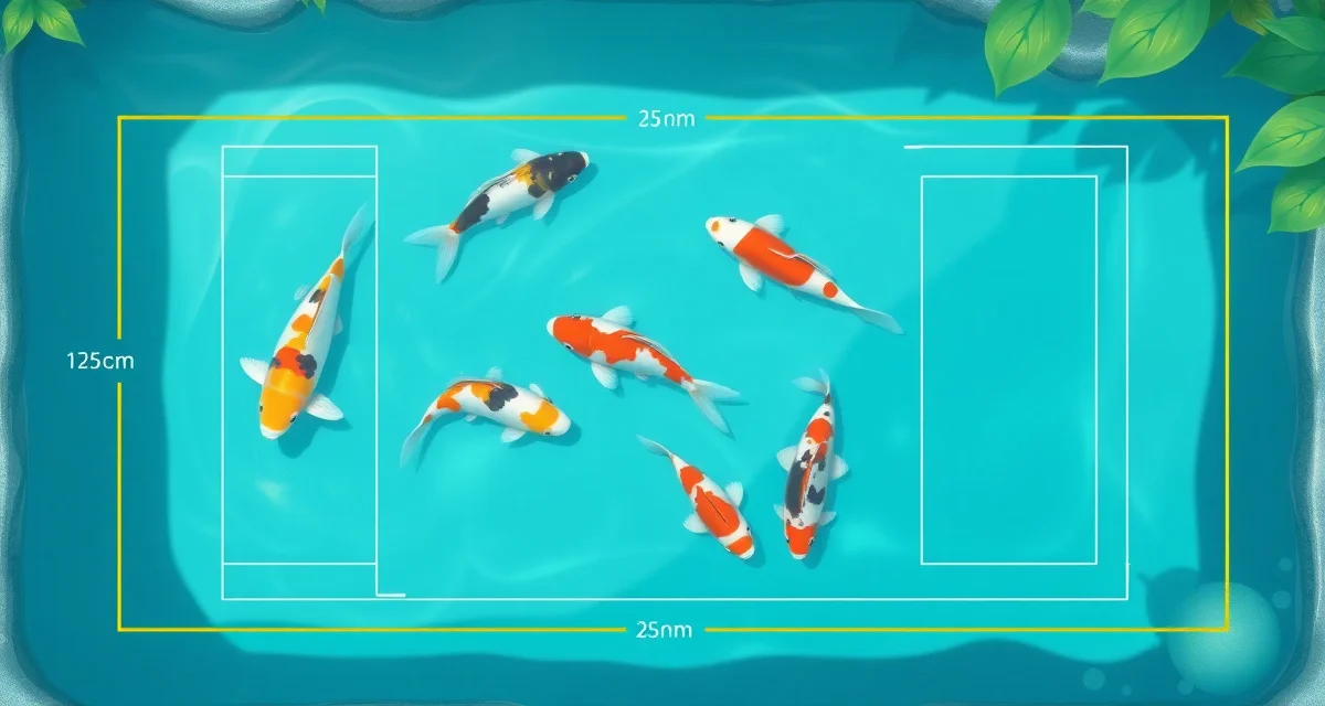 Accurate pond volume measurement for koi treatments Overhead view of koi pond with measurement guidelines and depth markers for accurate volume calculation